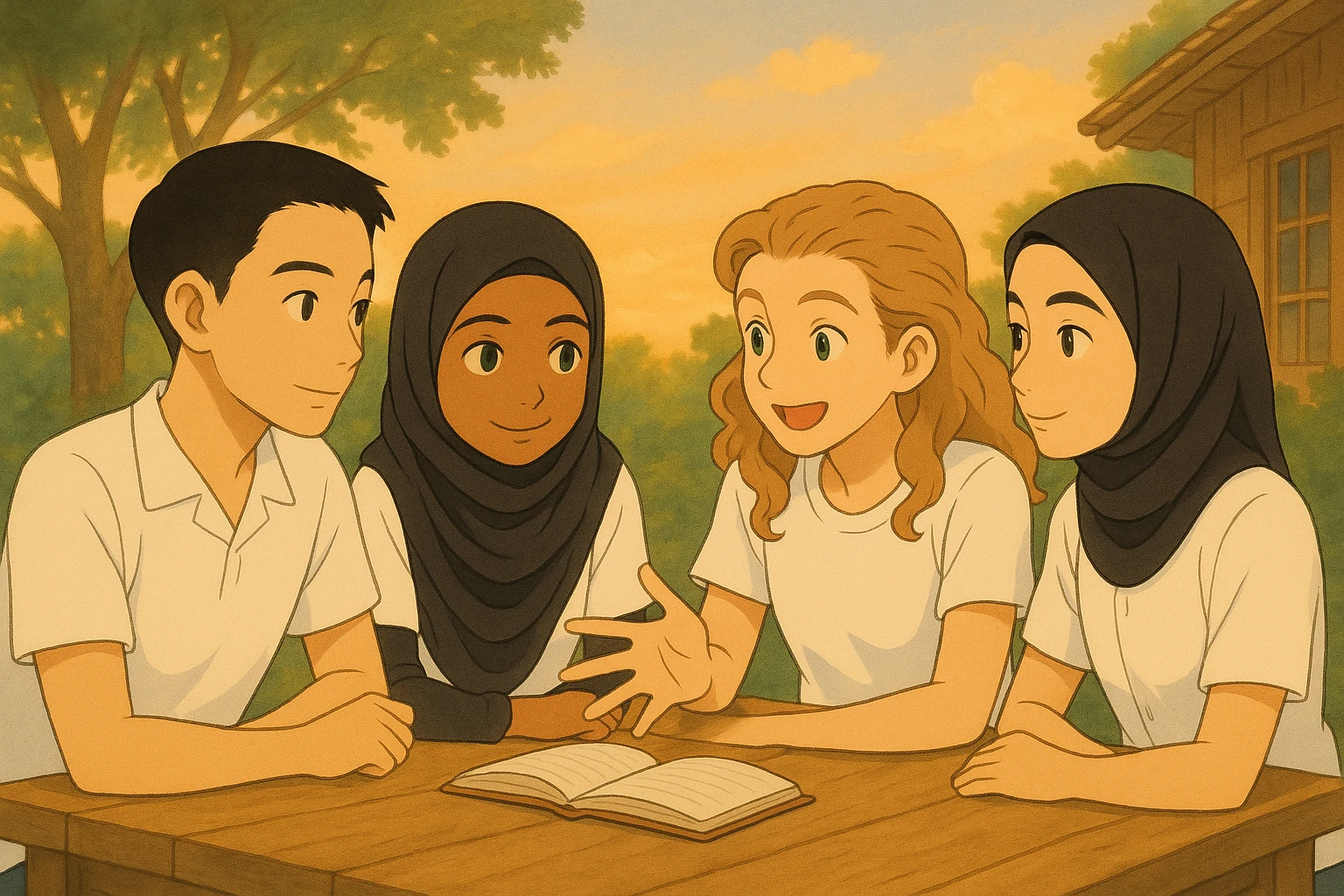 Recreate the image in the warm and soft Ghibli style as shown in the left reference image. Keep the same composition and characters, but ensure all characters wear white short-sleeve shirts only, with no long sleeves or visible undershirts. emoji