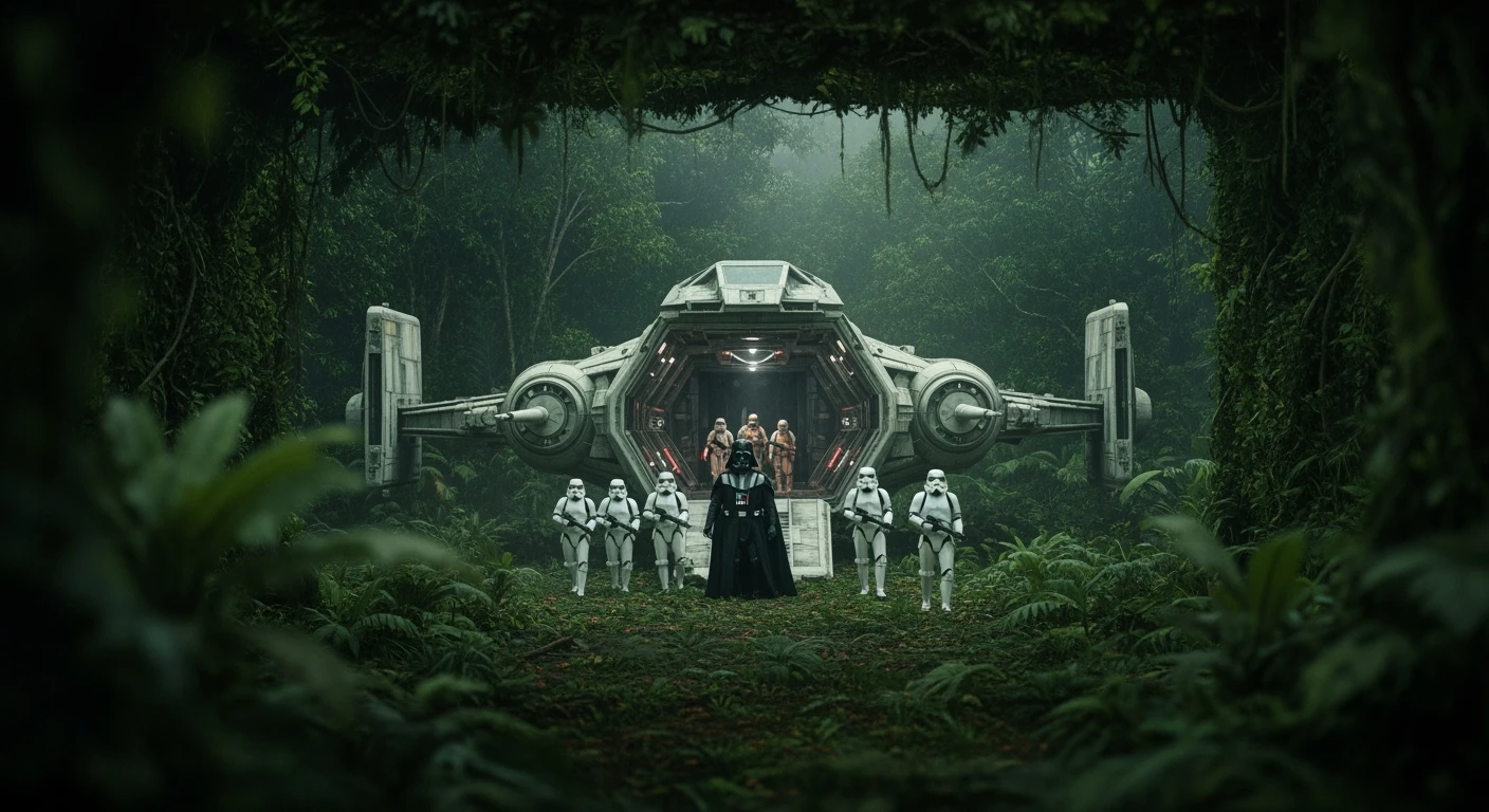 cinematic still, Closeup shot, amazon jungle,  blurred plants in the foreground (frame within a frame), Darth Vader around stormtroopers coming out from starship on ground, they are exploring the jungle, inspired by StarWars movie, captured by arri alexa emoji