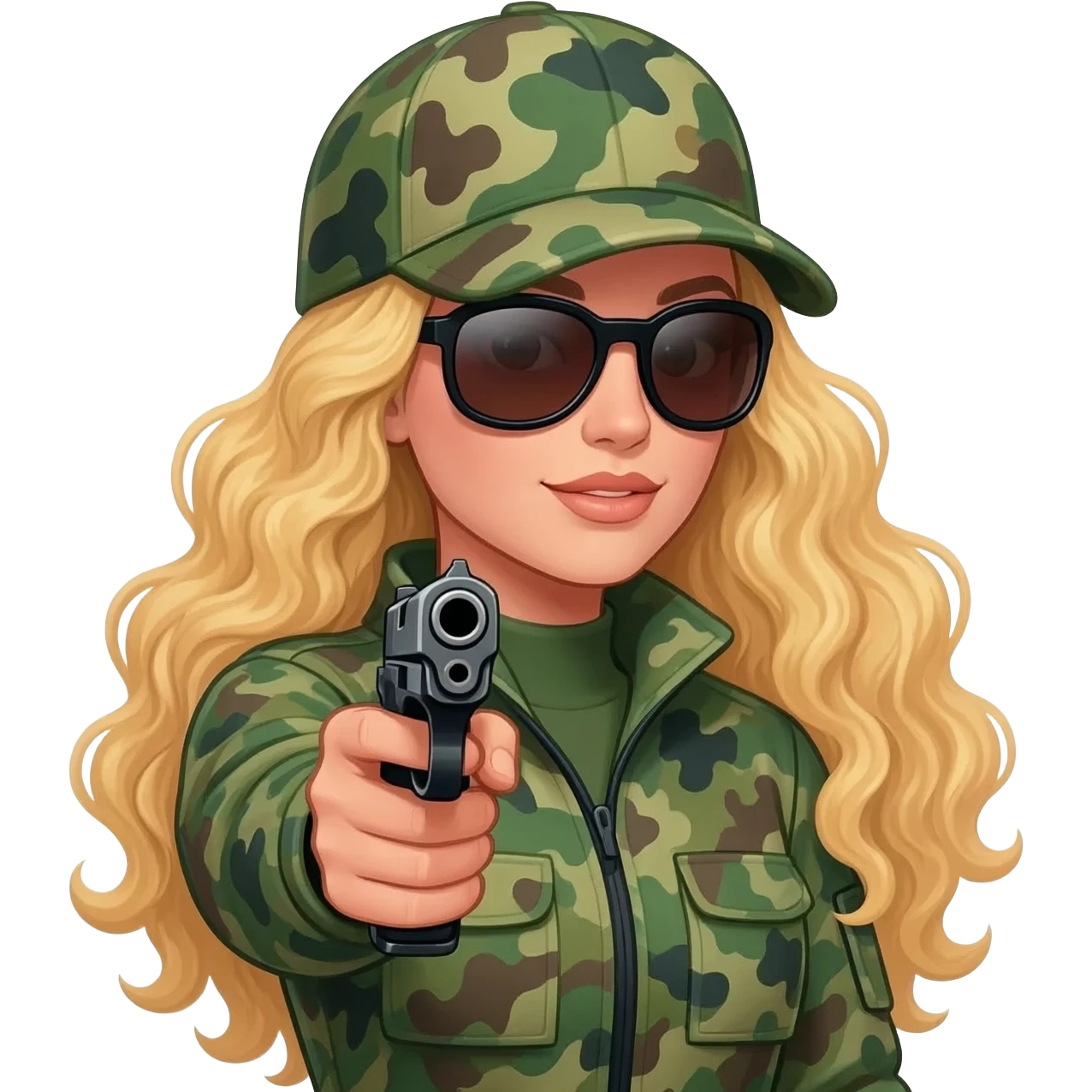 Right to bear arms Green hunting woman with glasses and long blonde curly hair carrying a pistol emoji