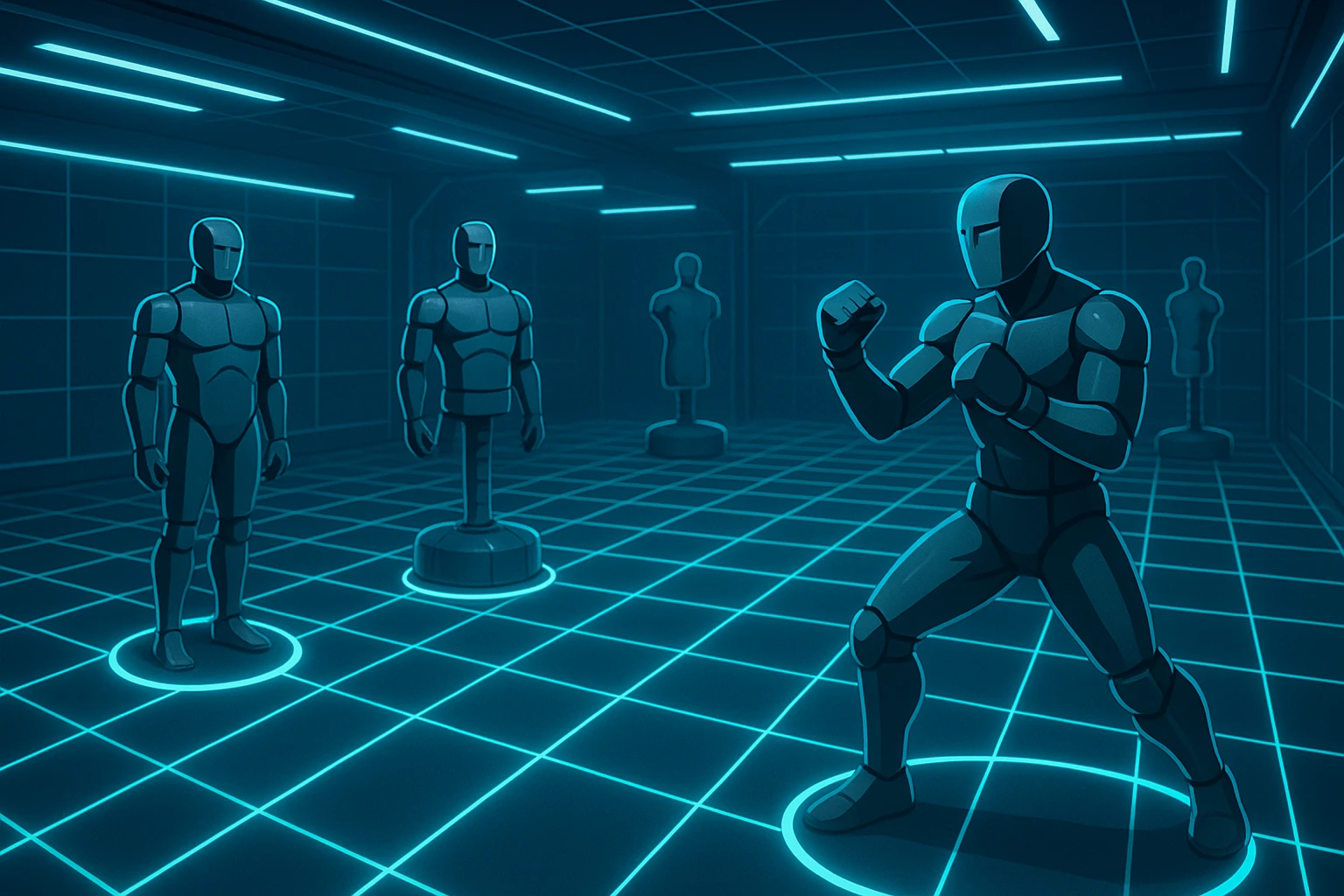 virtual combat training space, stylized VR gym, digital grid floor, combat dummies, high-tech feel, no text emoji