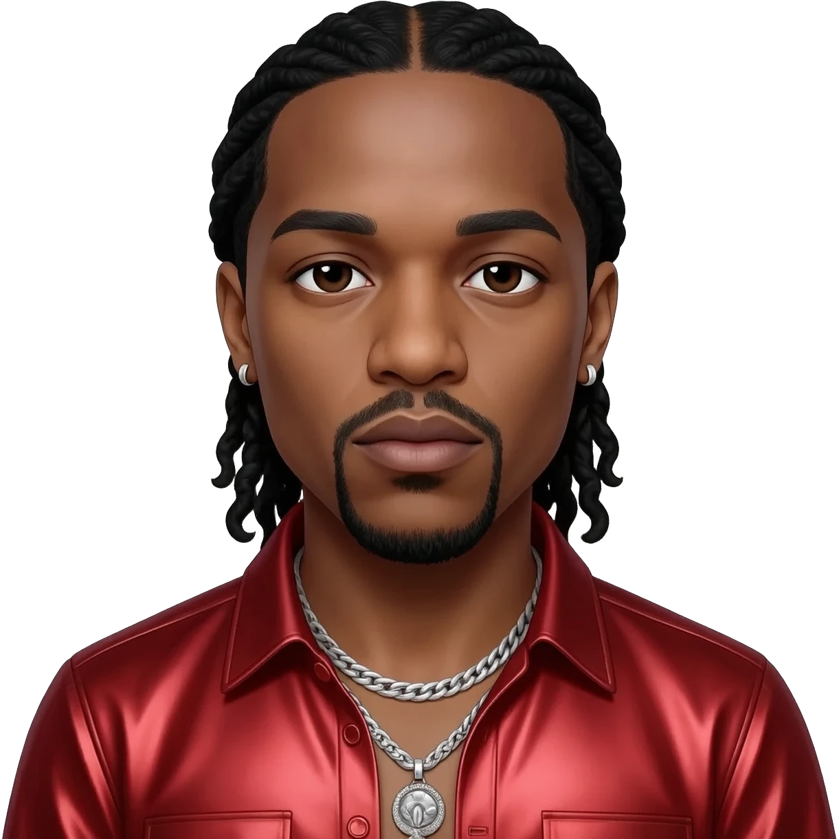 Lil Wayne with dark brown eyes, long black hair, red metallic shirt, silver necklace and short earrings emoji