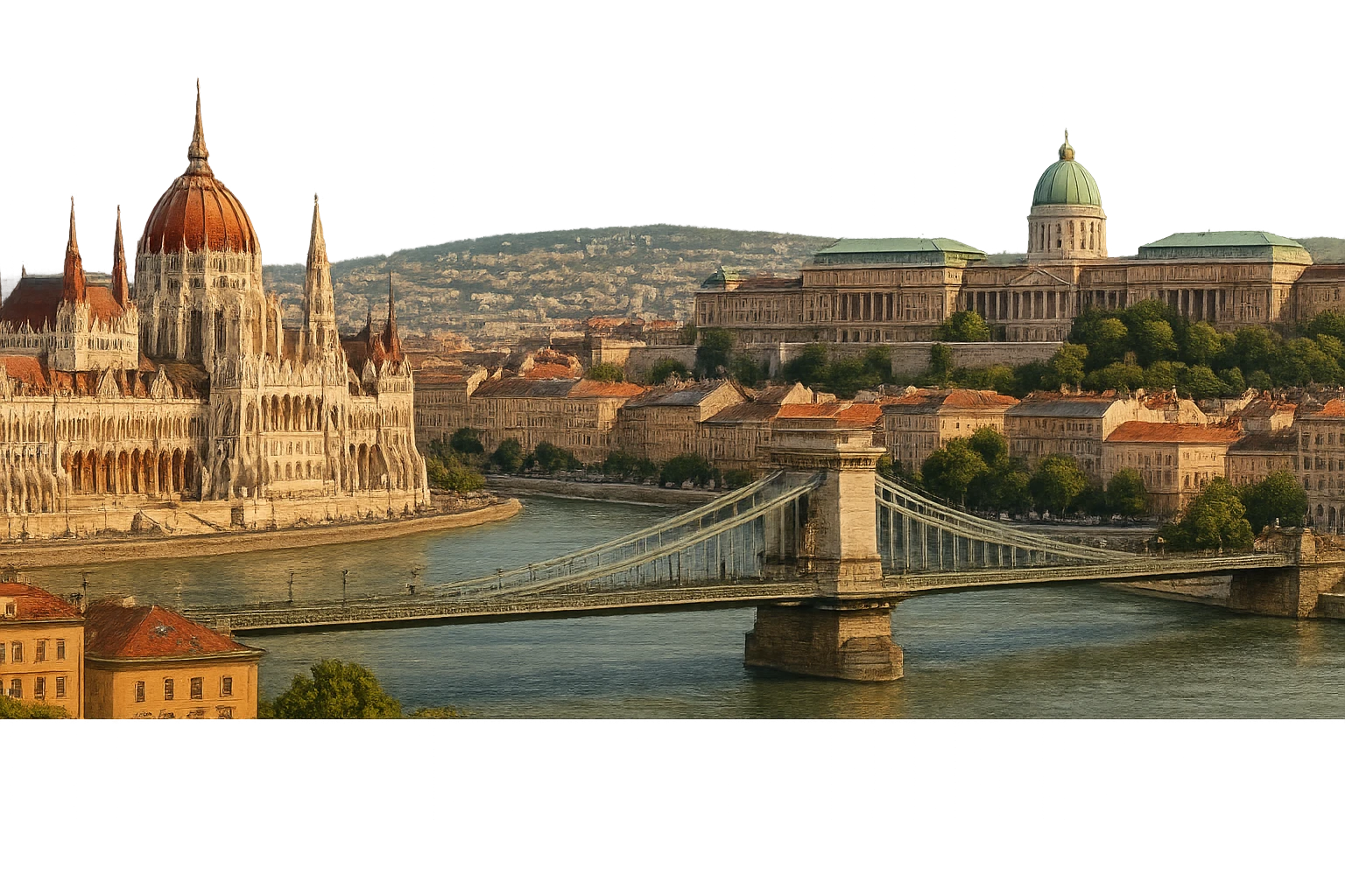 cinematic, realistic emoji of Budapest skyline featuring iconic landmarks such as the Parliament Building, Buda Castle, and Chain Bridge, lifelike detail, accurate colors, bright lighting, wide city view, no sky, fully transparent background emoji