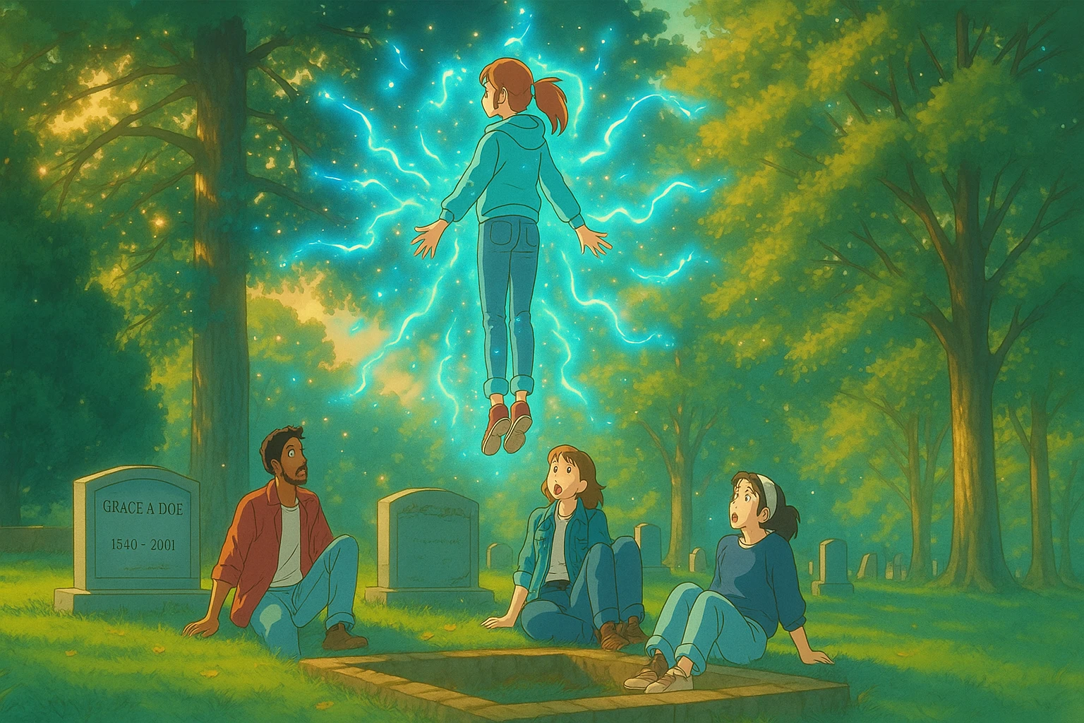 Max from Stranger Things levitating above a grave in a cemetery, friends watching from the ground, Ghibli style, wide aspect ratio (16:9), supernatural glowing effects around Max, expressive and cinematic atmosphere. emoji