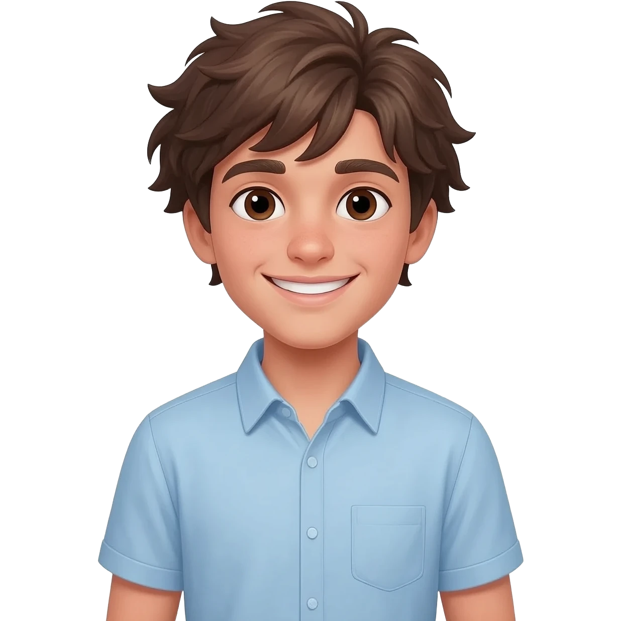 create an emoji of a teenage man, very very slightly tanned face, smile. he has an cool look, very messy brown hair, dark brown eyes, natural lips. he wears a short sleeve light blue emoji