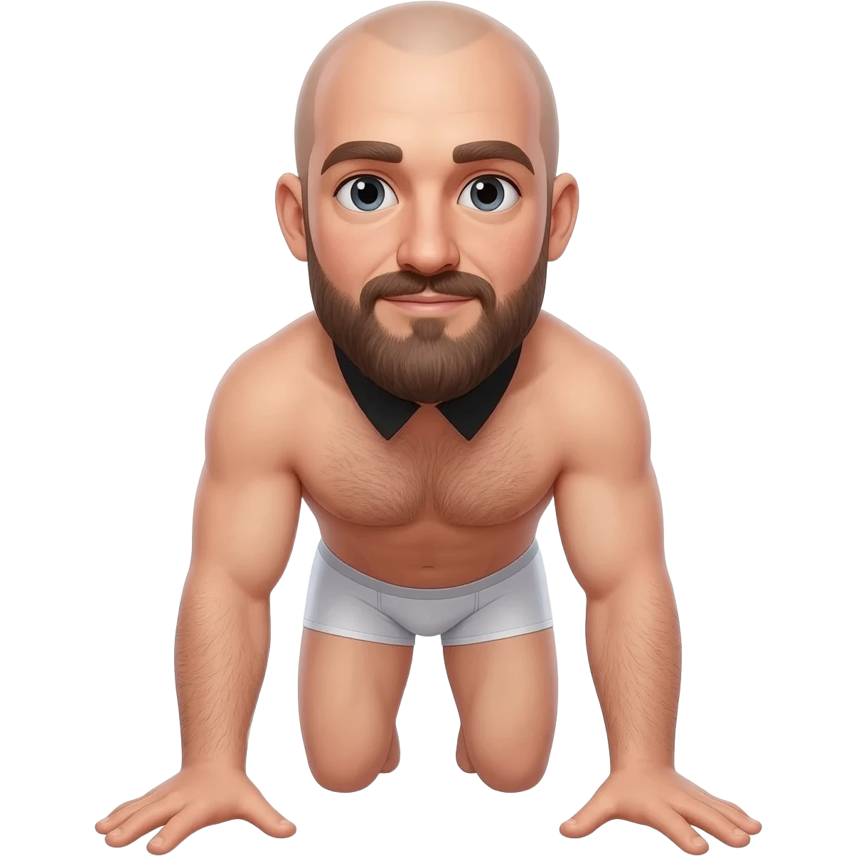 bald bearded man in underwear and collar stands on all fours emoji