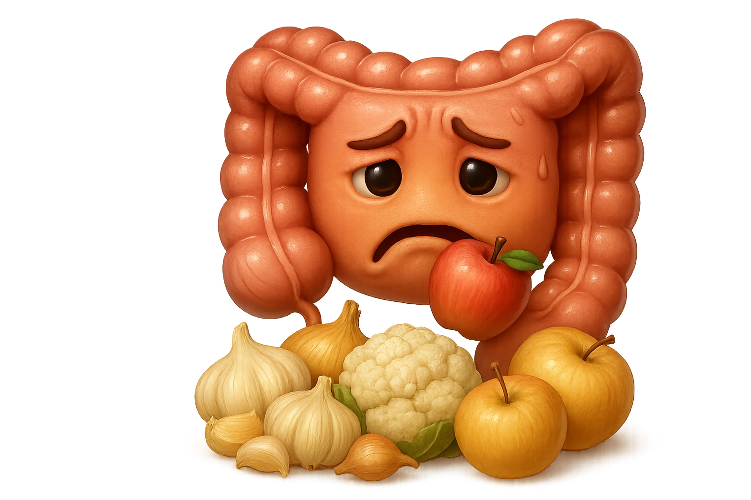 EMOJI STILE IPHONE DI UN INTESTINO UMANO IN CRISI PERCHé STA MALE, IN BOCCA HA UNA MELA E DAVANTI A LUI C'è UNA MONTAGNA DI aglio, cipolle, cavolfiore e mele, IPERREALISTICO 4K emoji