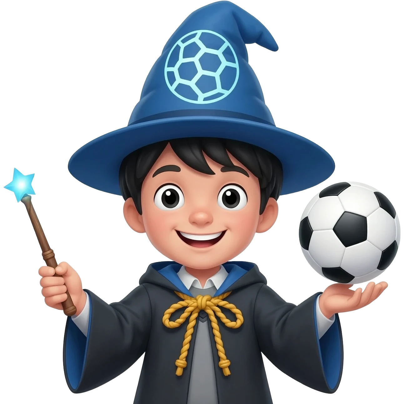 a young, without beard, black-haired (but a white skin) wizard with a blue hat (with a drawing soccer ball) holding a illuminated wand in one hand and a floating soccer ball in the other. He has a big smile and two white glowers. the cloak is tied with a yellow rope emoji