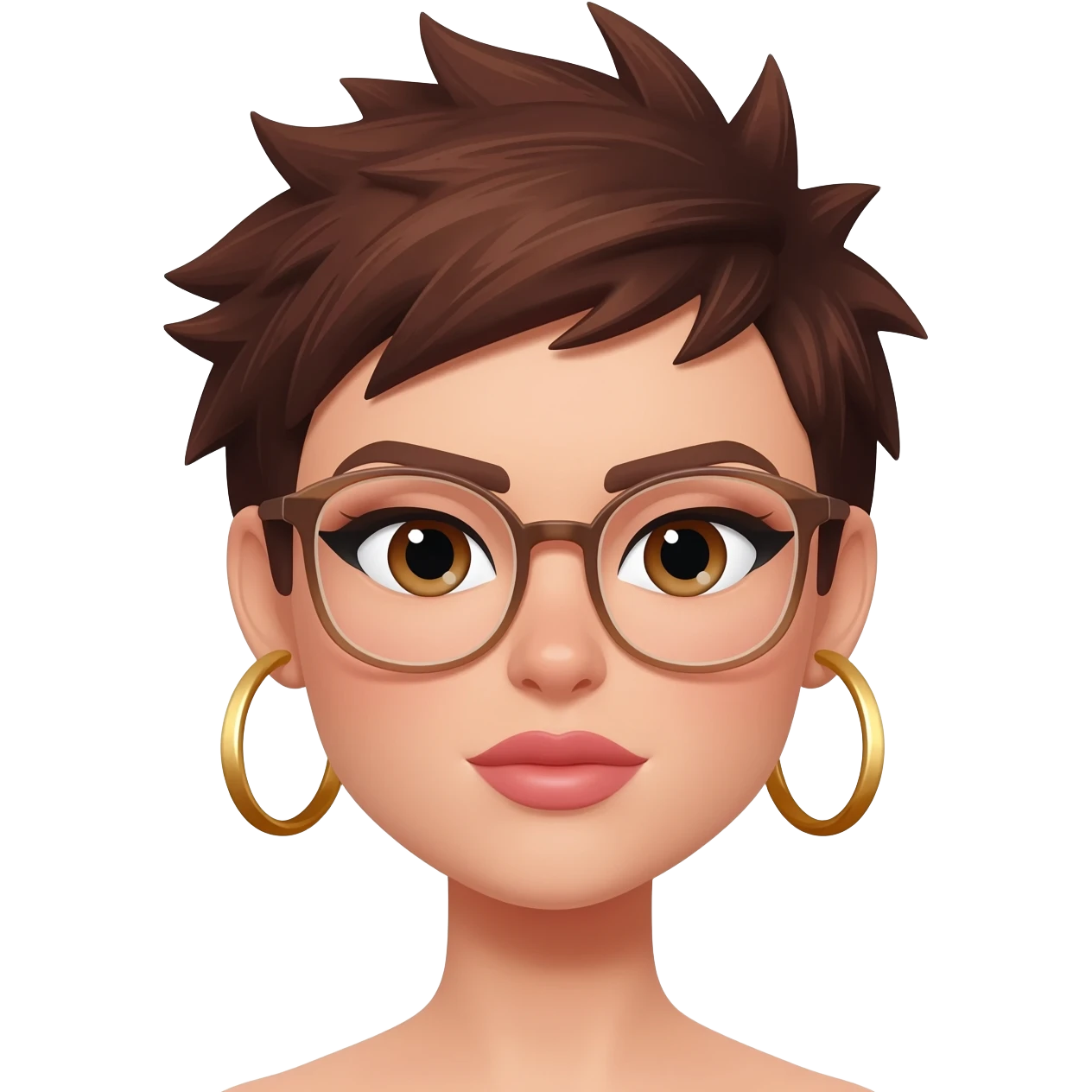 Female very very short brown hair few spikes gold hoop  earrings brown eyes glasses full lips emoji