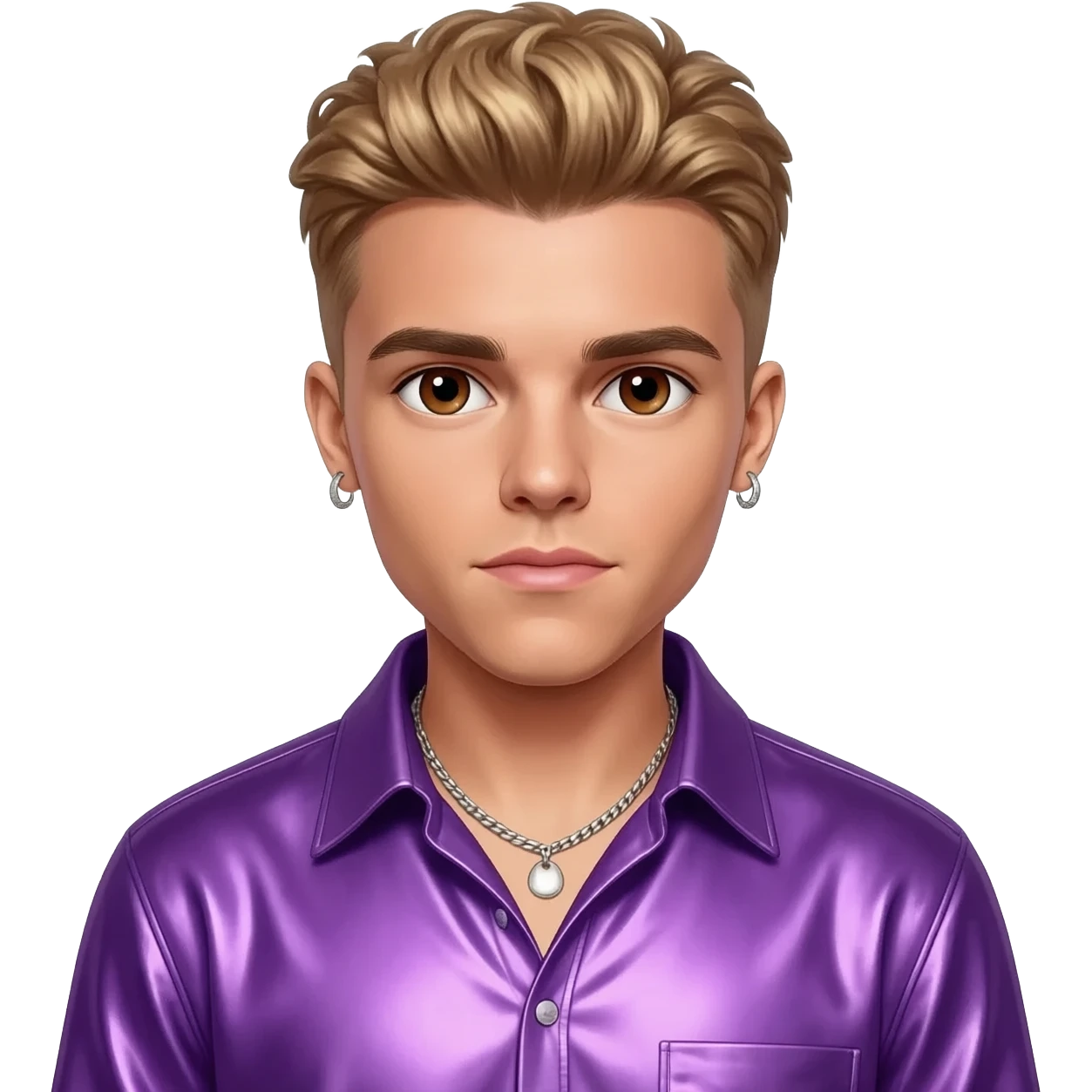 Justin Bieber with brown eyes, golden brown hair, purple metallic shirt, silver necklace and short earrings emoji