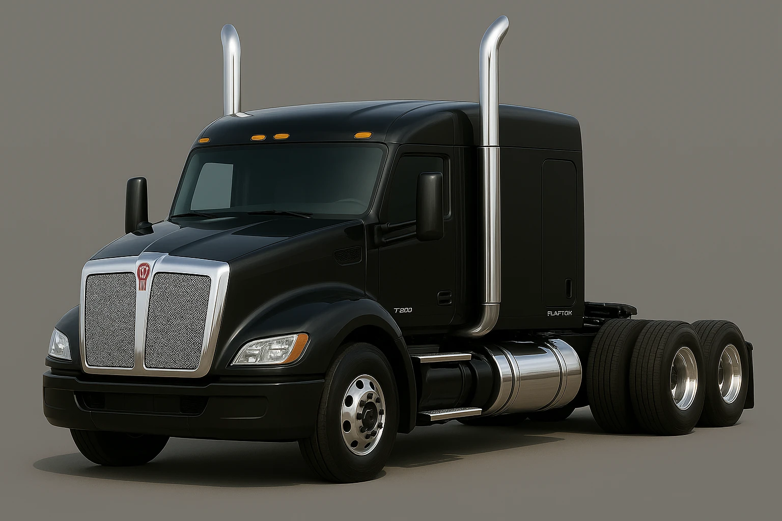 Render this 2026 Kenworth T680 Flat Top semi sleeper with maximum photorealism—true-to-life proportions, lighting, chrome, and paint reflections, no air filters, flat top sleeper cab clearly visible, no background. Match the look of a real truck photo. emoji