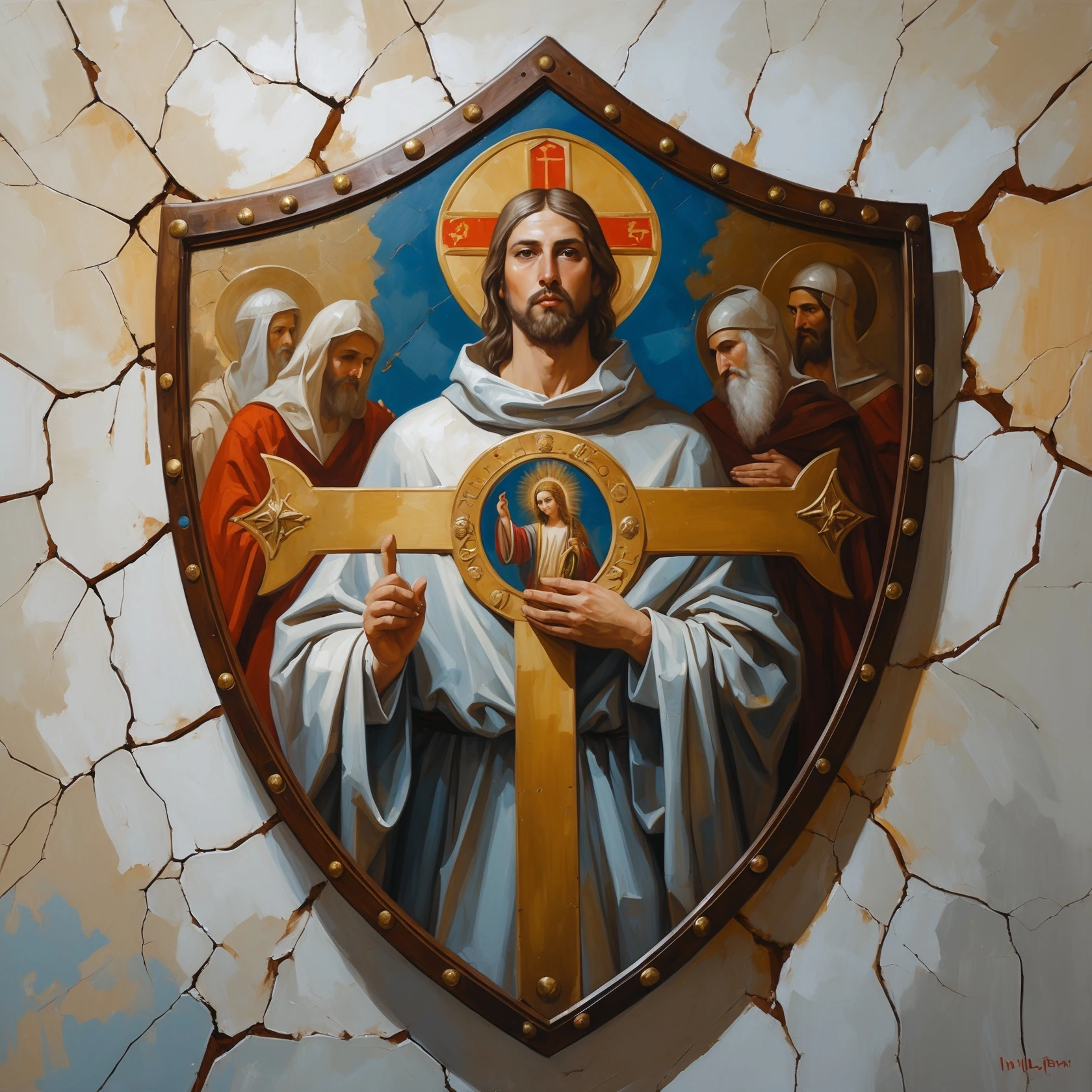 (img2img: strenght:=0.1) <ReferenceOnly-V3> inpaint religious theme onto the shield oil painting style flat image oil cracks countour
medieval shield art
 emoji