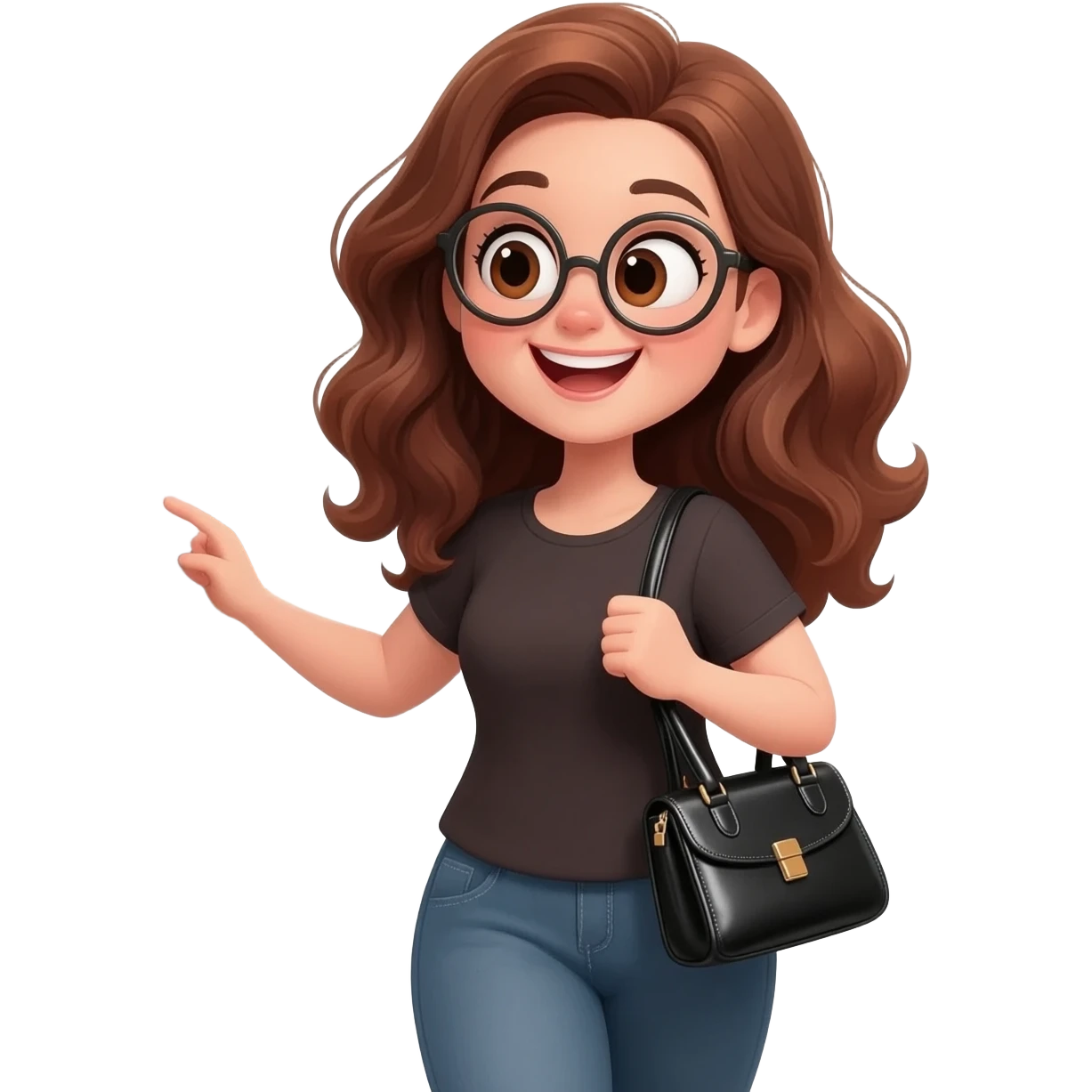 detailed emoji illustration of a curvy woman with long chestnut brown wavy hair, big light brown eyes and round glasses walking to a bookstore, carrying a handbag, happy and excited expression, cute emoji style illustration emoji