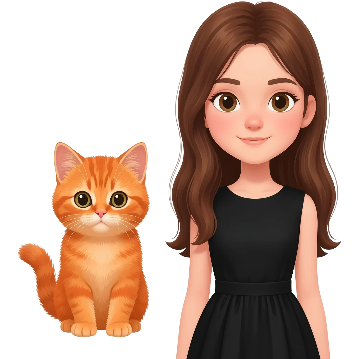 british Baby cat orange with girl long brown hair And black dress emoji