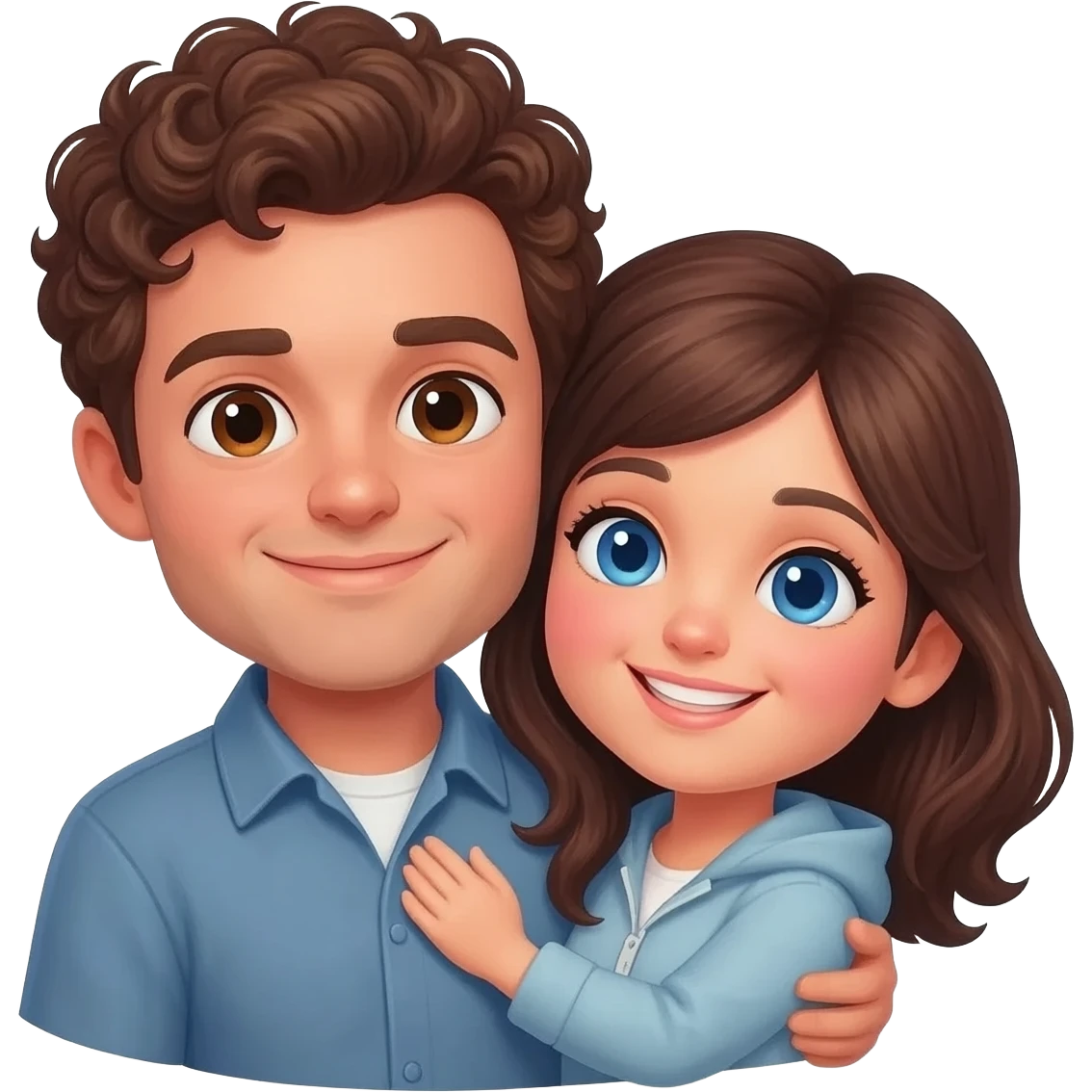 Cute brunette couple on a flight cuddling. Man has brown curly hair and woman has blue eyes and dark brown hair emoji