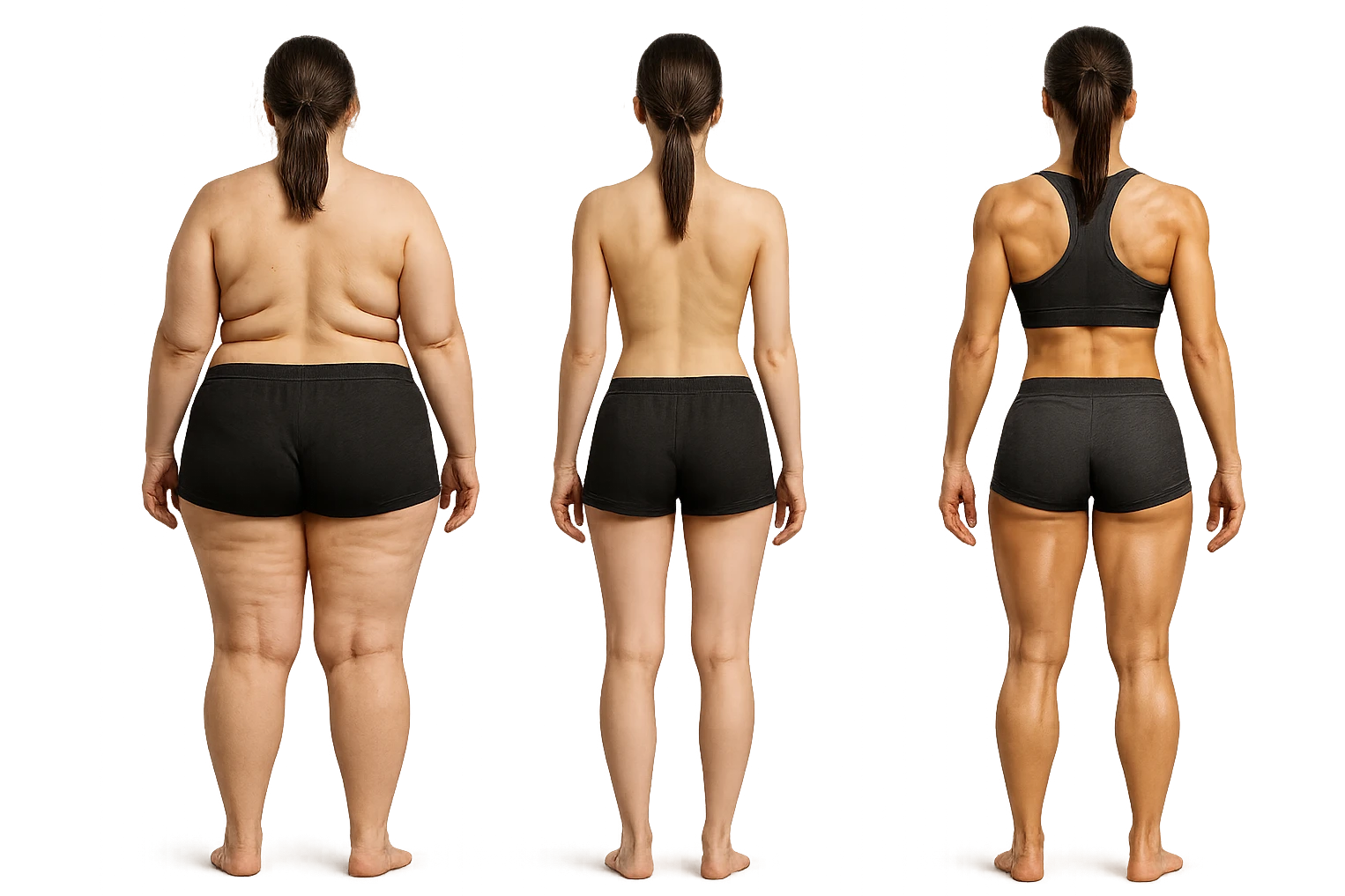 fai una donna di spalle in gym shorts leggermente sovrappeso e con cellulite e accanto una seconda donna di spalle magra (che è dimagrita post dieta) e accanto una terza donna in forma allenata e con le giuste proporzioni, l'immagine deve rappresentare il processo: da donna grassa, a donna piatta e magra, a donna allenata e in forma con i giusti muscoli, iperrealistico 4k emoji