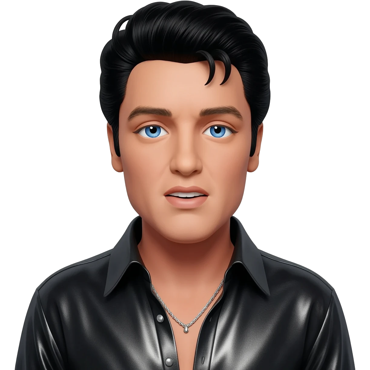 Elvis Presley with blue eyes, black hair, black metallic shirt, silver necklace emoji