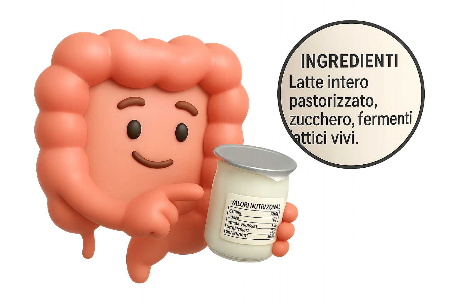 EMOJI STILE IPHONE 3D DI UN INTESTINO CHE HA IN MANO UN BARATTOLO DI YOGURT CONFEZIONATO DA SUPERMERCATO E LEGGE L'ETICHETTA NUTRIZIONALE CON GLI INGREDIENTI IN ITALIANO, ACCANTO ALLO YOGURT CHE HA IN MANO C'è UN FOCUS SULL'ETICHETTA CON GLI INGREDIENTI SCRITTI emoji