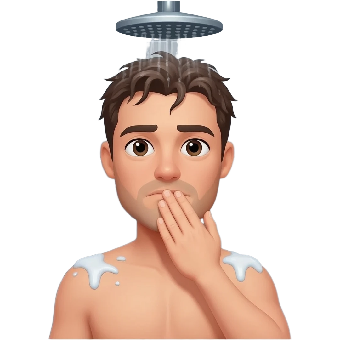 Guy in shower covering dick emoji
