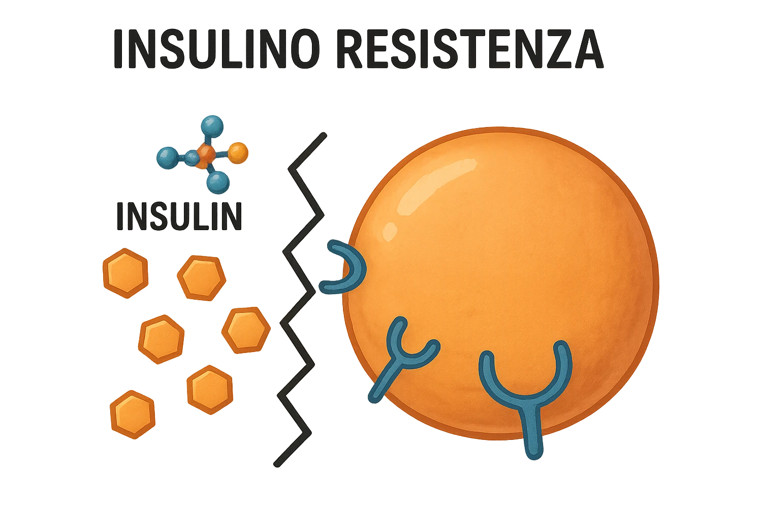 Create a symbolic icon of insulin resistance with no background and a 2:3 aspect ratio. Add the Italian text 'Insulino Resistenza'. Represent insulin, glucose, and a barrier preventing entry into cells, in a realistic style. emoji