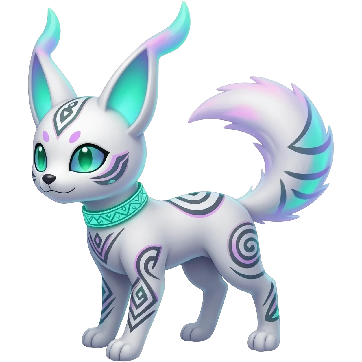 Rare neon iridescent white exotic cute epic aesthetic gothic colorful Salandit-Eevee-Civet-species-Fakemon-hybrid-creature, with a collar, and with intricate tribal markings, full body emoji
