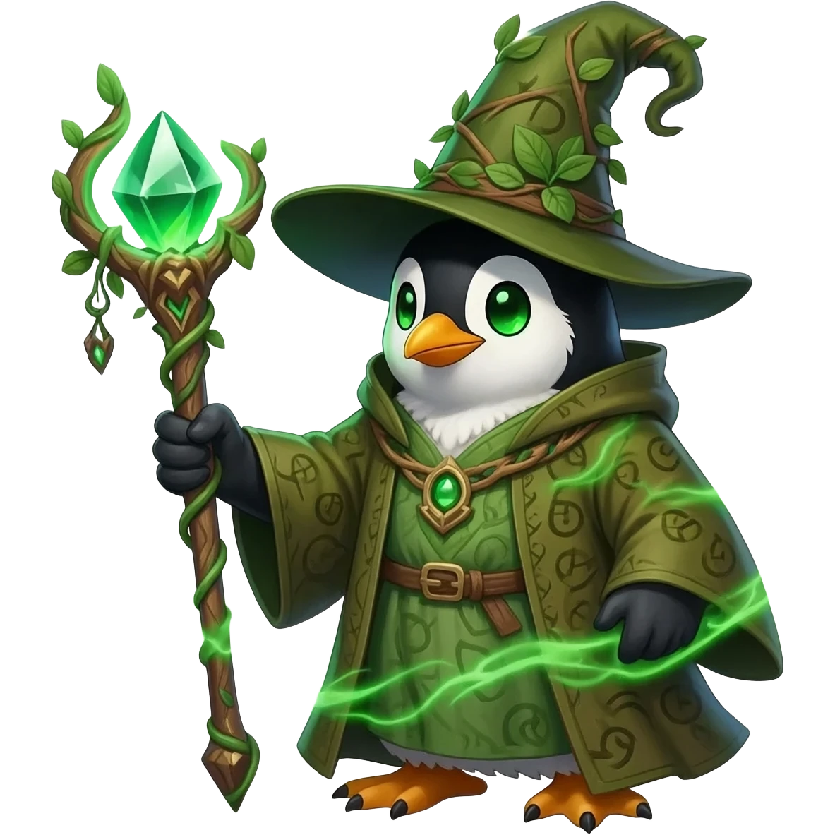 Vibrant earth wizard penguin with black-and-white feathers and glowing emerald-green eyes. Wearing mossy green-and-brown robes with vine runes and tall wizard hat with sprouting leaves. Holding ornate staff with glowing crystal orb. Swirling green energy and vines emanate from its body. emoji