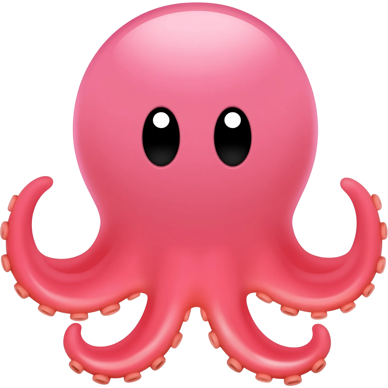 Un pulpo caricaturesco de frente, con cabeza grande y redonda rosada, dos ojos negros con brillo blanco, sin boca visible, parte inferior rojo-rosada y tentáculos curvados abiertos hacia los lados. 🐙 emoji