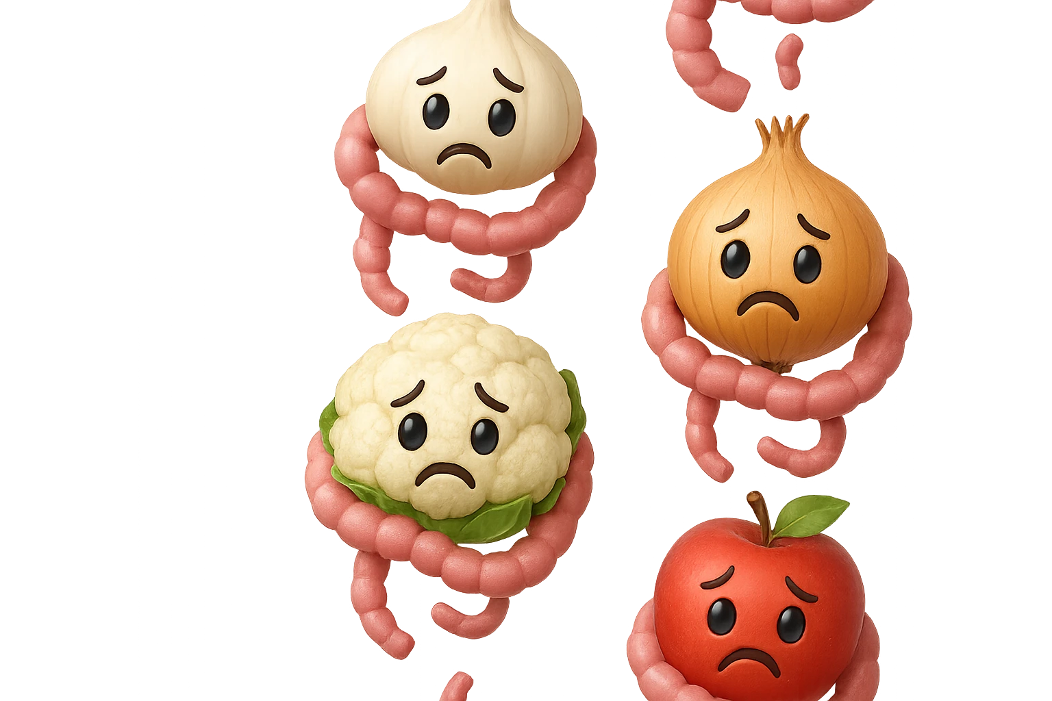 EMOJI STILE IPHONE DI aglio, cipolle, cavolfiore e mele che cadono verticalmente dall'alto con espressione triste con pezzi di colon avvolti intorno, IPERREALISTICO 4K emoji