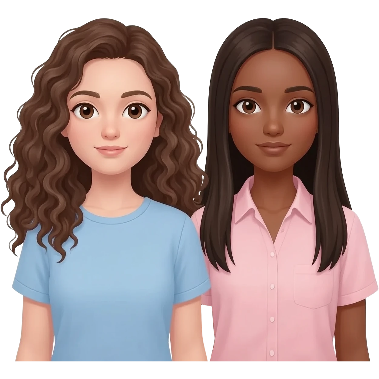 two friends one is white skin brunette wavy curly long hair light blue shirt. other is straight dark brown hair long natural skin tone light pink shirt emoji