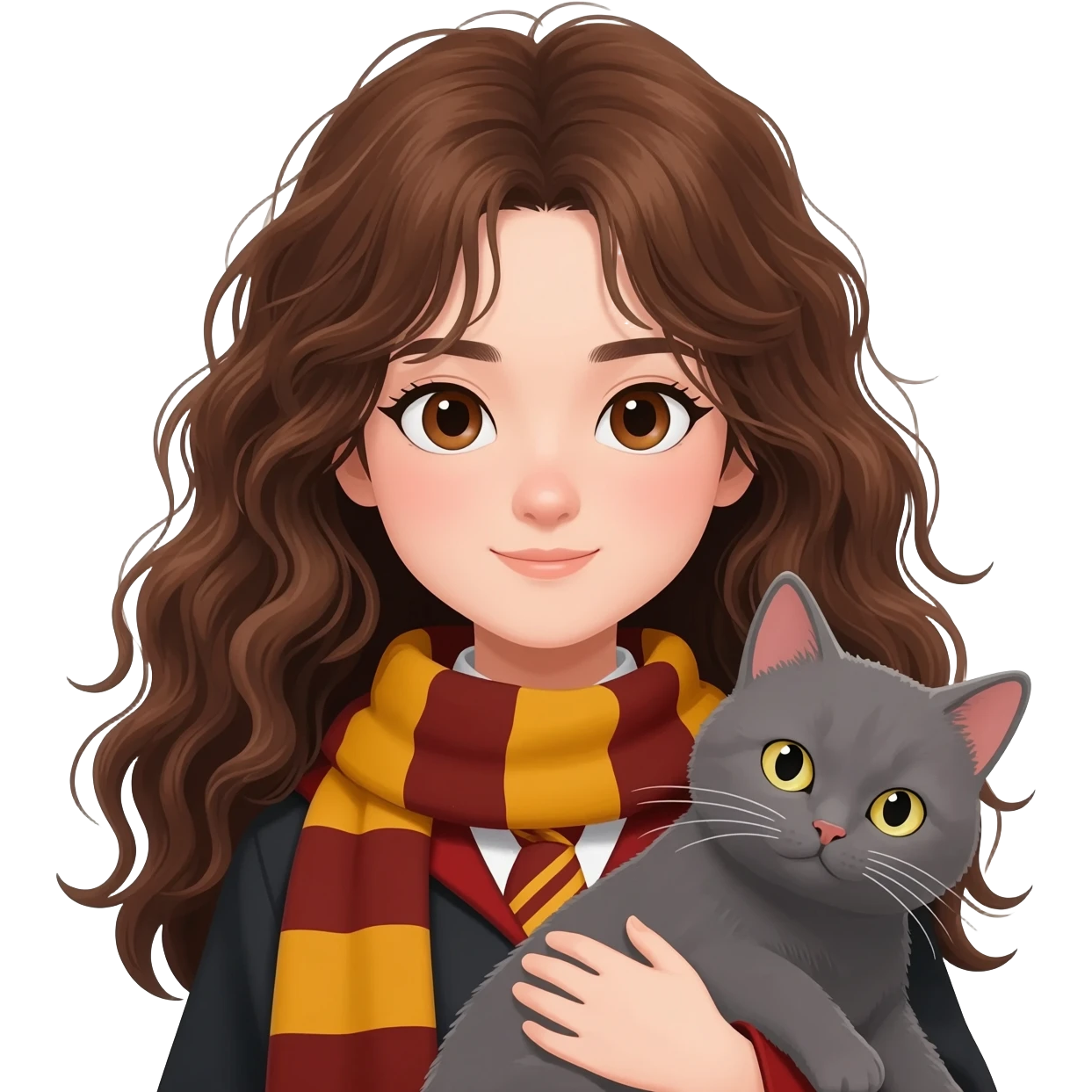asian ravenclaw girl students with long brown messy wavy hair and brown eyes, holding a gray cat emoji