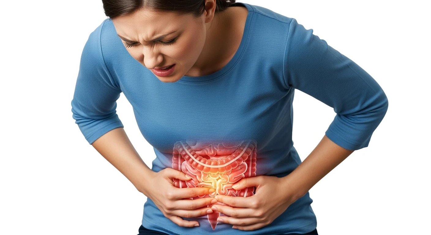 donna piegata in avanti frontalmente con mal di pancia, espressione di dolore in volto in primo piano e intestino anatomico in evidenza, iperrealistico 4k, sfondo bianco emoji