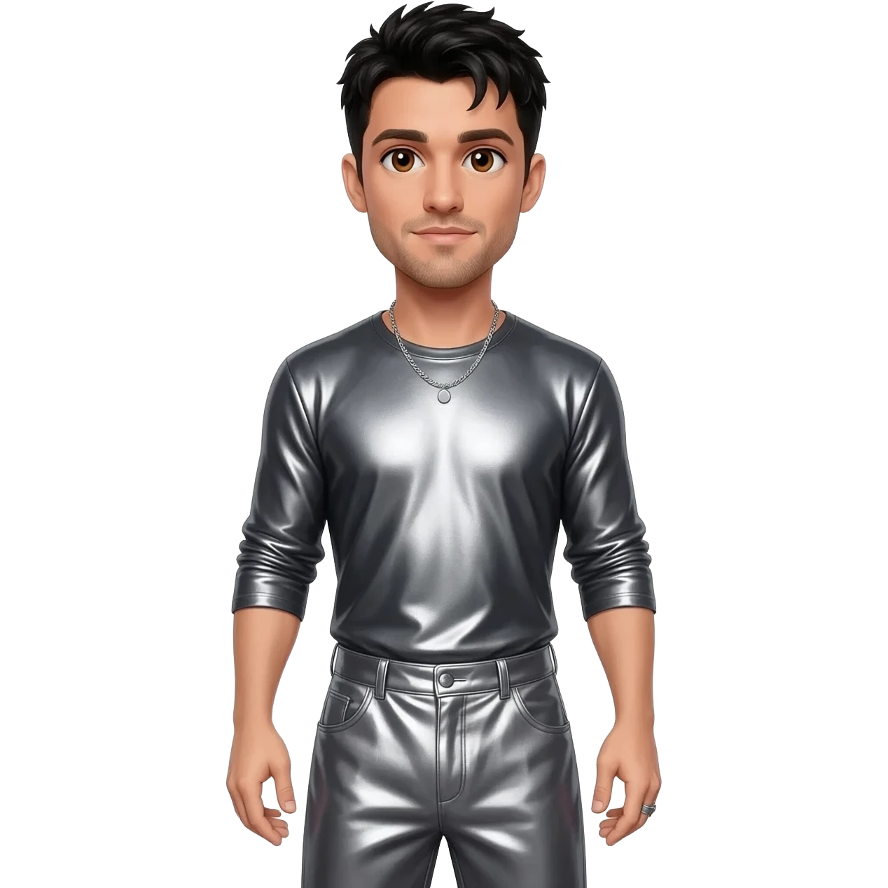 Chris Kirkpatrick from NSYNC with brown eyes, black hair, charcoal metallic shirt, charcoal metallic long baggy pants, silver necklace emoji