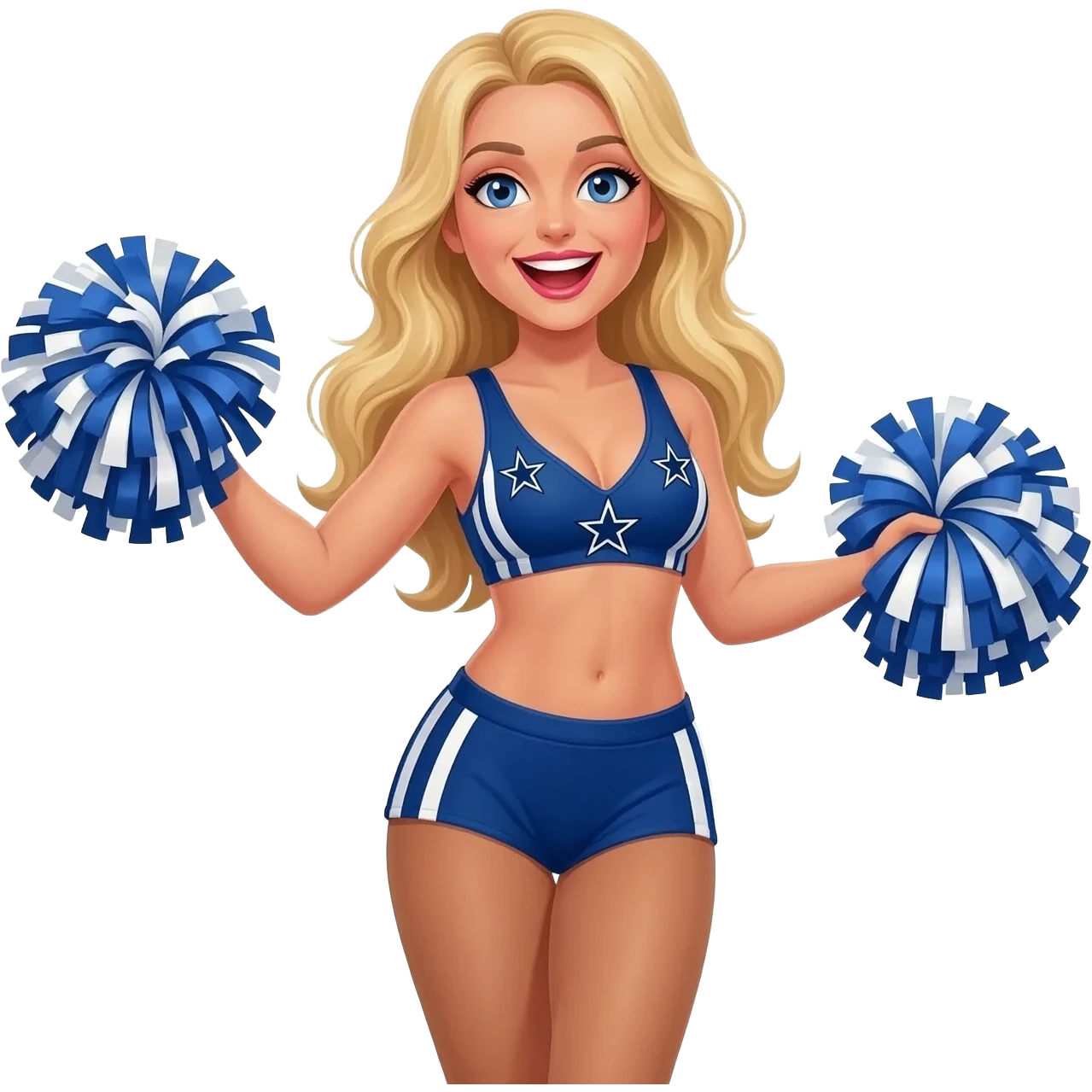 Dallas cowboys cheerleader blonde short blue bikini top with white stripes left and right with 3 blue stars each super exited waving hands with blue and white pompoms emoji