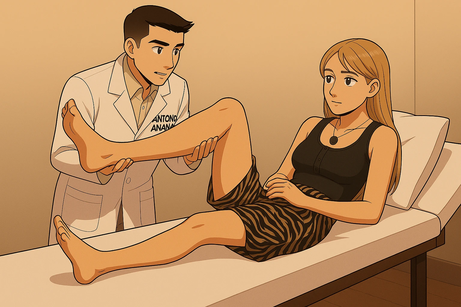 fai un webtoon/manga a colori con questo kinesiologo in camice bianco (fagli la scritta "ANTONIO ANANIA" SUL CAMICE) CHE SVOLGE UN TEST NEUROMUSCOLARE SOLLEVANDO UNA GAMBA ALLA RAGAZZA CHE è STESA SU UN LETTINO BIANCO. STANZA SEMPLICE E MODERNA, DURANTE IL TEST I DUE DIALOGANO TRA LORO. NON FARE I FUMETTI, FAI SOLO LORO COME SE DIALOGASSERO emoji