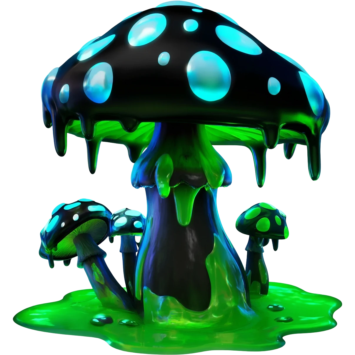 Black and cyan and blue and neon green bioluminescent shiny glowing ET gooey shroomy plenty icky sticky muddy swampy spore flower  emoji