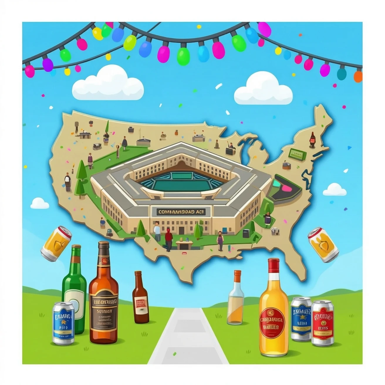the United States pentagon turned into a war room/party pad with beer cans a liquor bottles, war room with a computer command center and party lights emoji