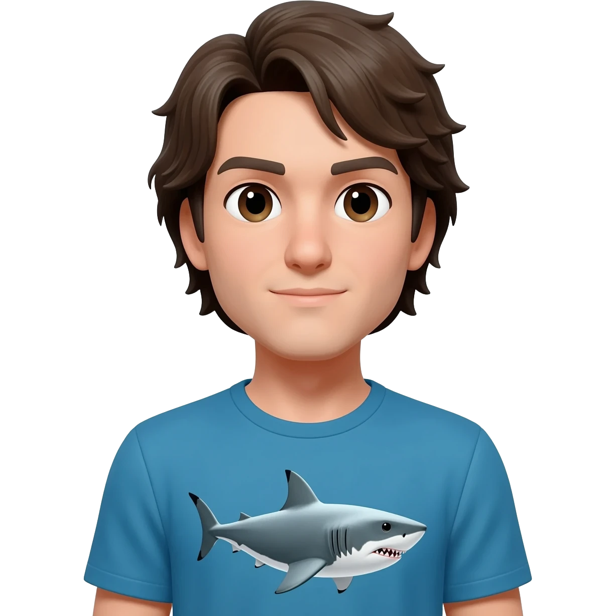 a handsome man with medium hair wearing a t-shirt with a shark image on it. emoji