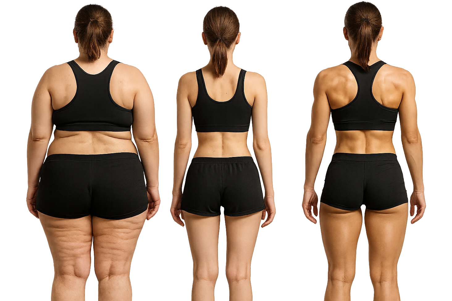 fai una donna di spalle in gym shorts leggermente sovrappeso e con cellulite e accanto una seconda donna di spalle magra (che è dimagrita post dieta) e accanto una terza donna in forma allenata e con le giuste proporzioni, l'immagine deve rappresentare il processo: da donna grassa, a donna piatta e magra, a donna allenata e in forma con i giusti muscoli, iperrealistico 4k emoji