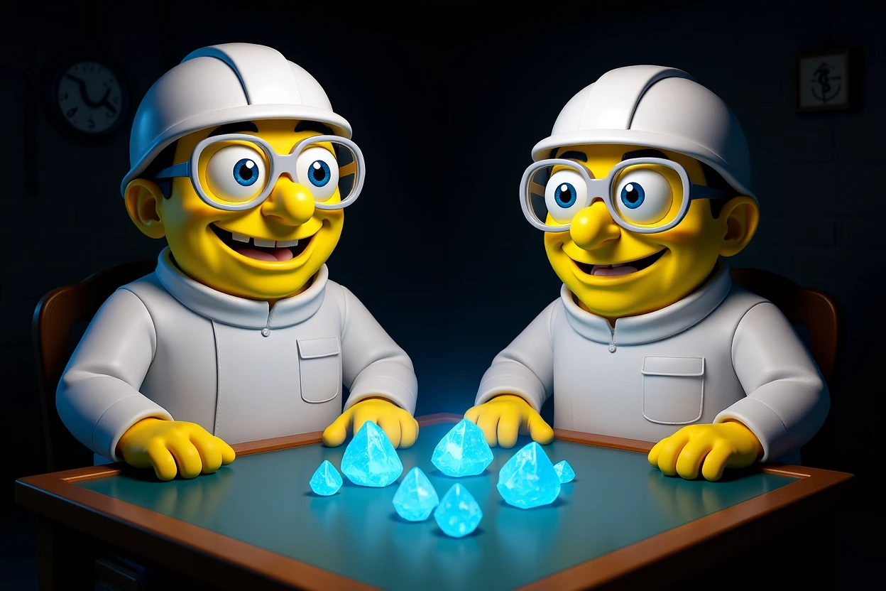 3D cienmatic cartoon shot, spongebob and patric dress in safety glasses and safe white outfit, the are standing front of table with blue crystals on table glowing (light source) science room in basement, back light, Cinema 4d render, proffesional lightning emoji