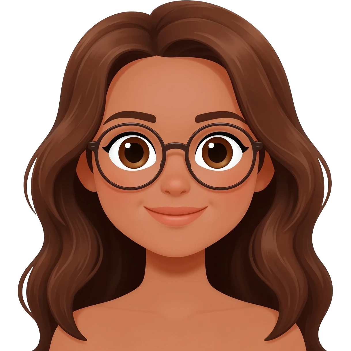 Faça uma menina de olhos grandes lábios um pouco fino, cabelos longos levemente ondulados castanhos com olhos castanhos pele morena e com óculos emoji