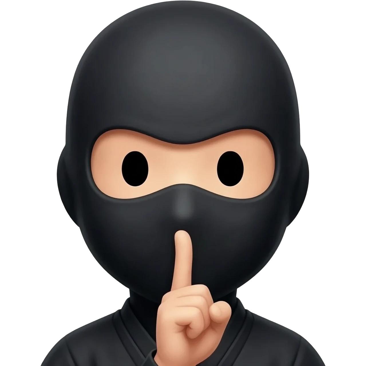 Emoji-style ninja with black face covering, only eyes visible, finger to lips in 'shhh' gesture, cute cartoon, clean lines, minimal background. emoji