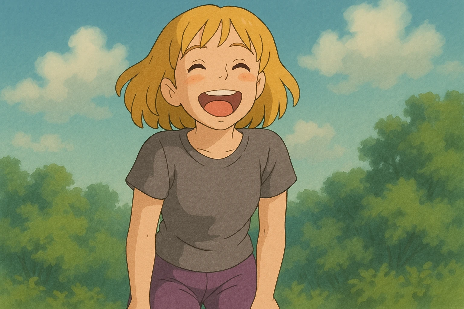 A girl yellow hair brown eyes grey Women's just t's short triblend t-shirt purple trousers laughing emoji
