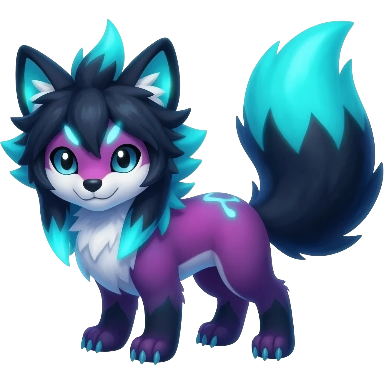 Colorful bioluminescent dark abysmal abyssal neon-glowing Trico-Sergal-Furret-Ferret-Wolverine-Vernid-furry-fursona-fusion-Fakemon-animal-hybrid-creature, full body emoji