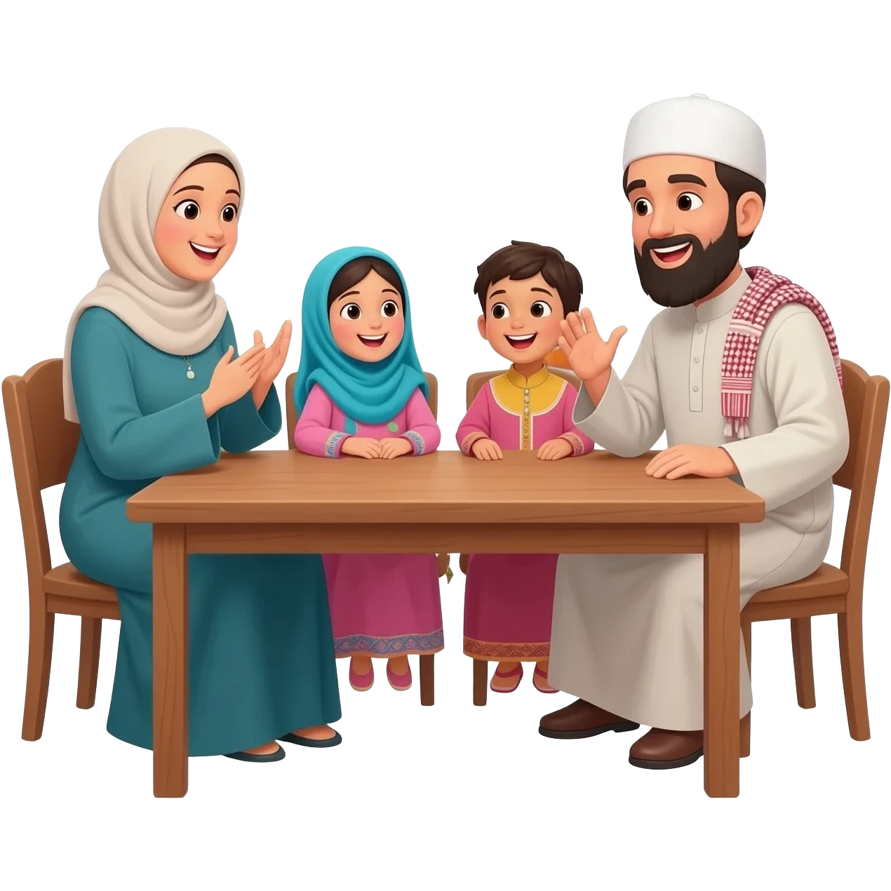 islamic family sitting on table; mother wearing without hijab; father with beard and islamic clothes white cap on head; little girls without  hijab and one little boy; kids wearing traditional clothes and talking happily to each other emoji