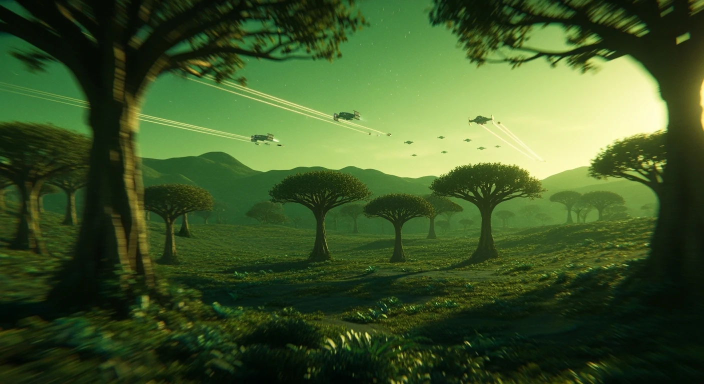 cinematic still, motion blur shutter speed, establishing shot, green planet, inspired by StarWars movie, captured by arri alexa  emoji