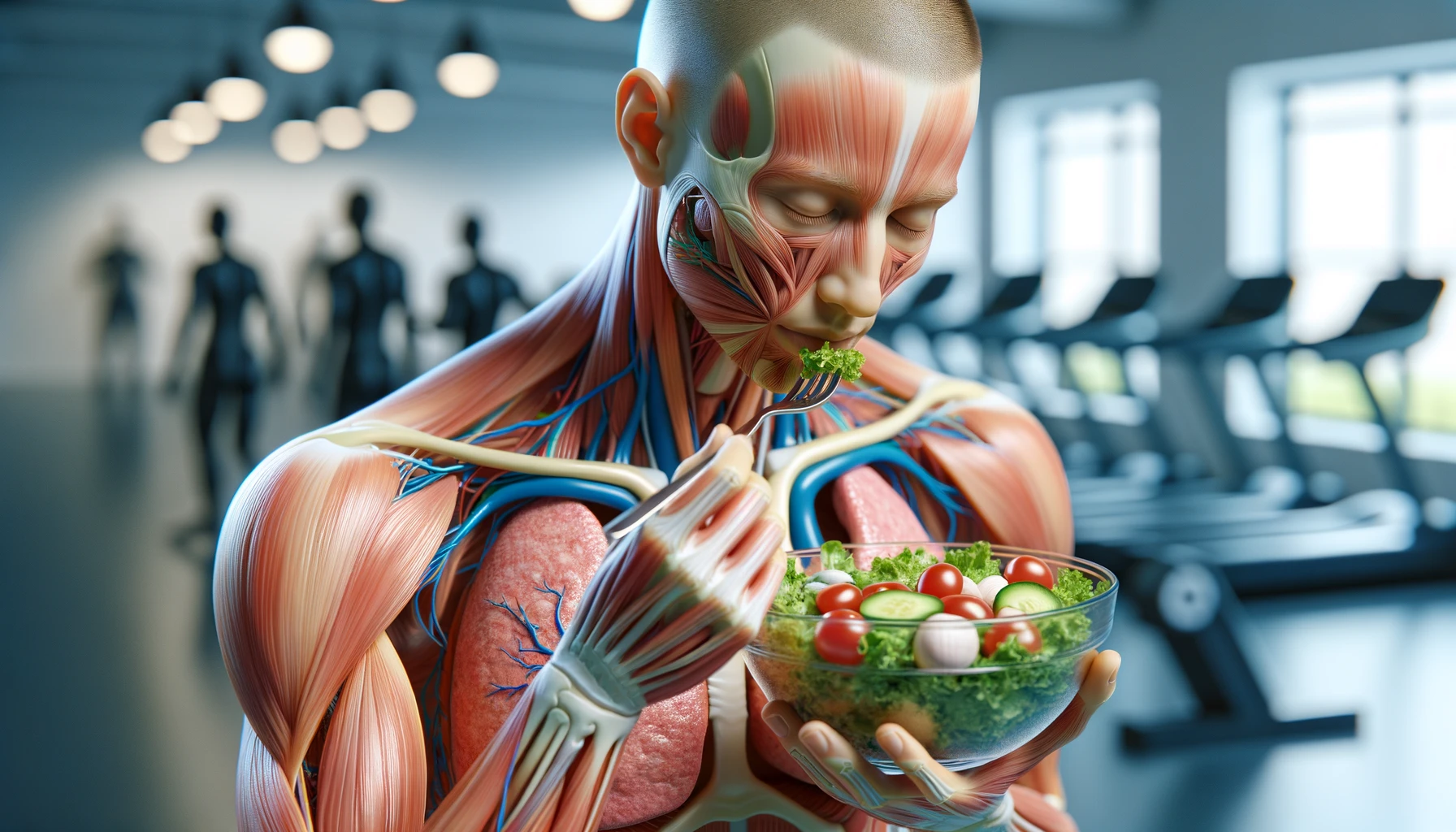 corpo umano anatomico con capelli corti che mangia un insalata con espressione serena in volto, organi sani in evidenza, sullo sfondo una palestra sfocata, iperrealistica 4k, isolato su sfondo bianco emoji