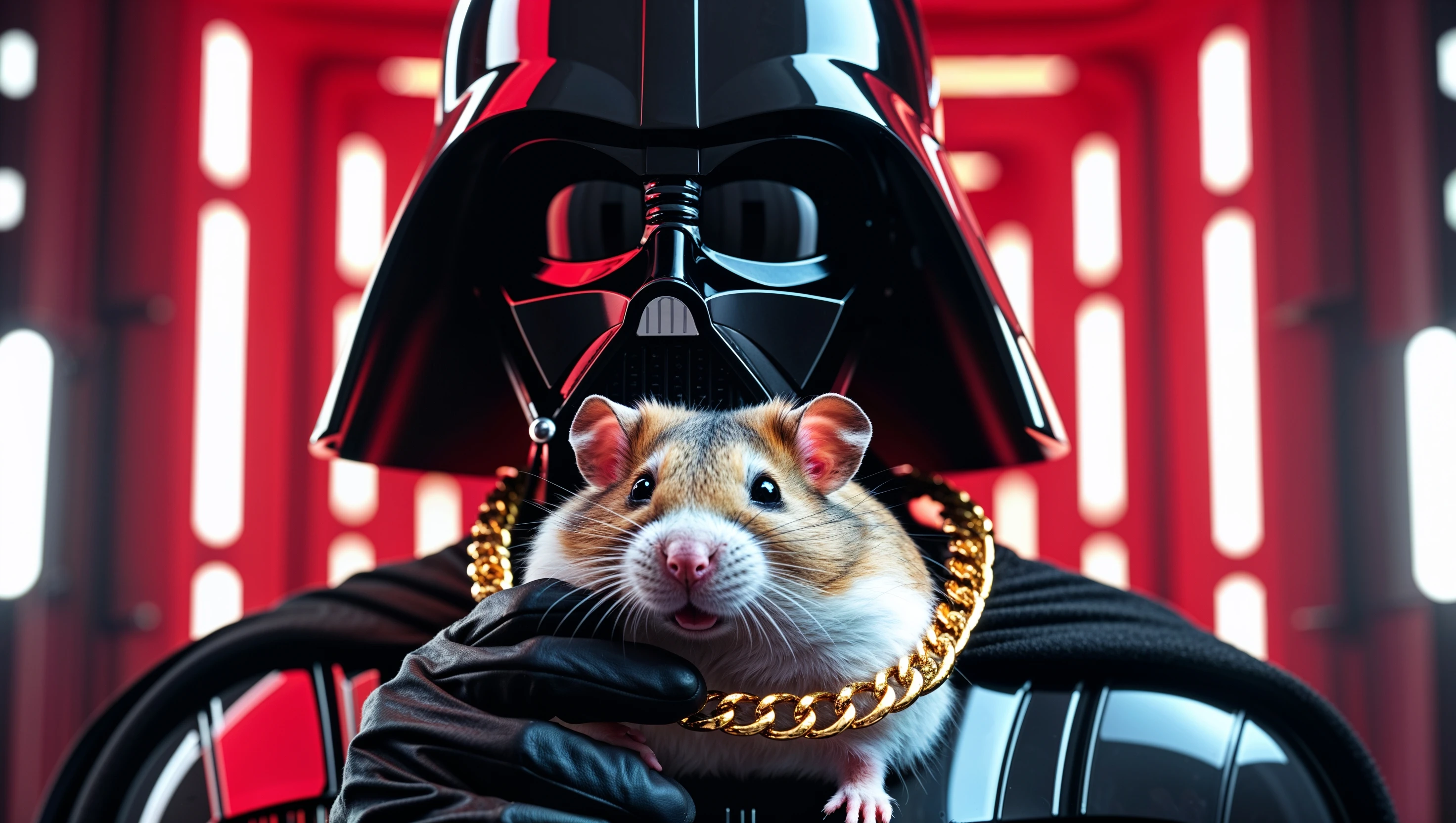 Extreme Closeup Photo of a darth vader holding big hamster with golden chain, low key light, red solid background with leading lines, back light, spot light emoji