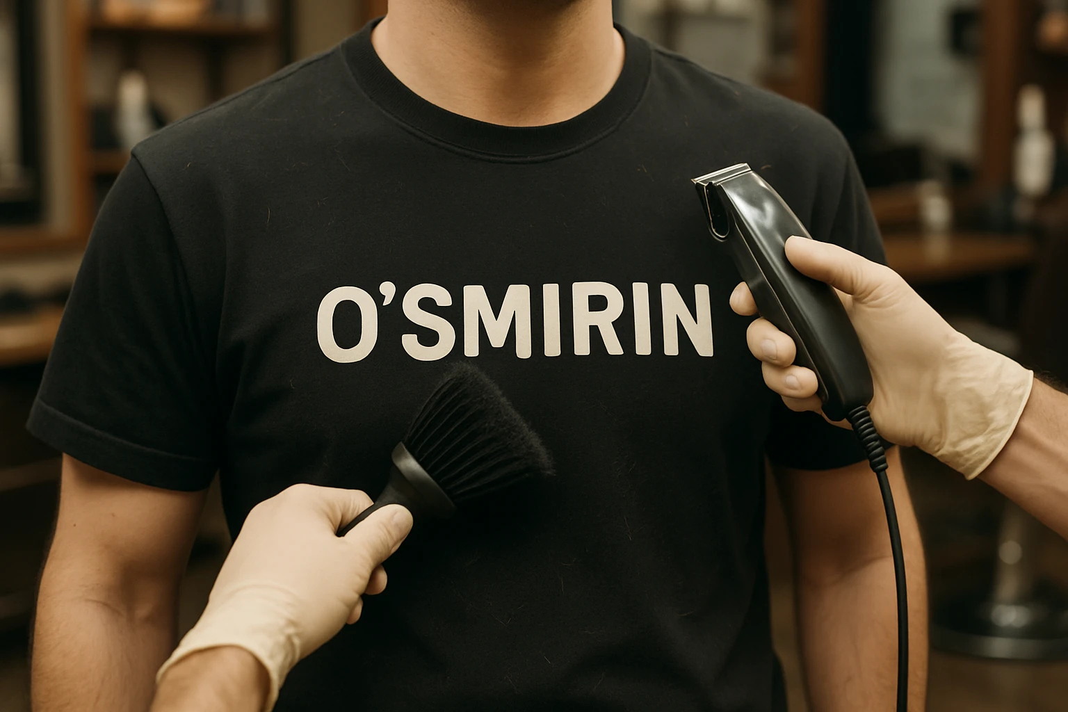 o'smirin bola qora futbolkada sartaroshxonada soch olayapti yuzi ko'rinmasin emoji
