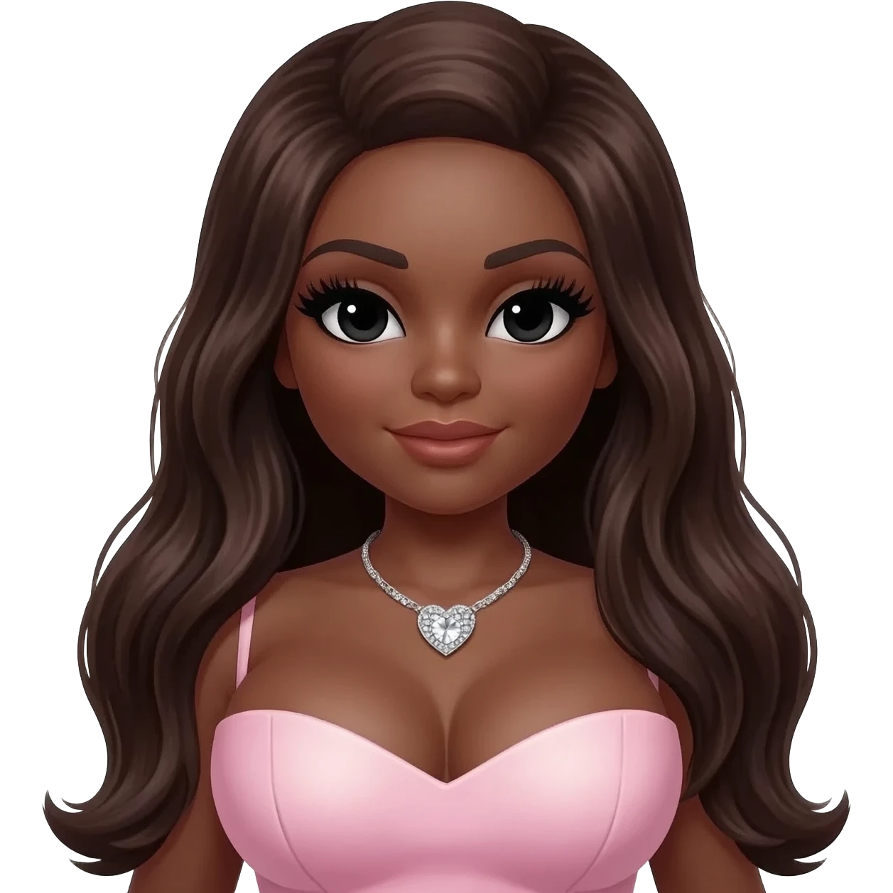 Long giant lashes, Doll faced shaped, heart swarovski with  Rhodium plated necklace, bimbo, black doll eyes, barbie, dark brown skin with long dark brown hair, light pink, big breast emoji