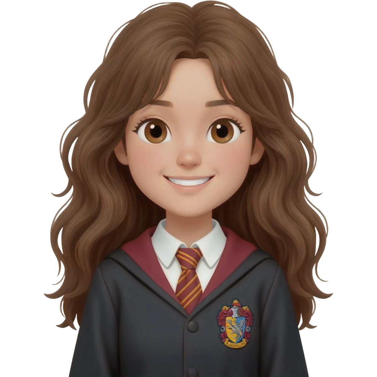 asian girl wearing ravenclaw uniform, long brown messy wavy hair and brown eyes emoji