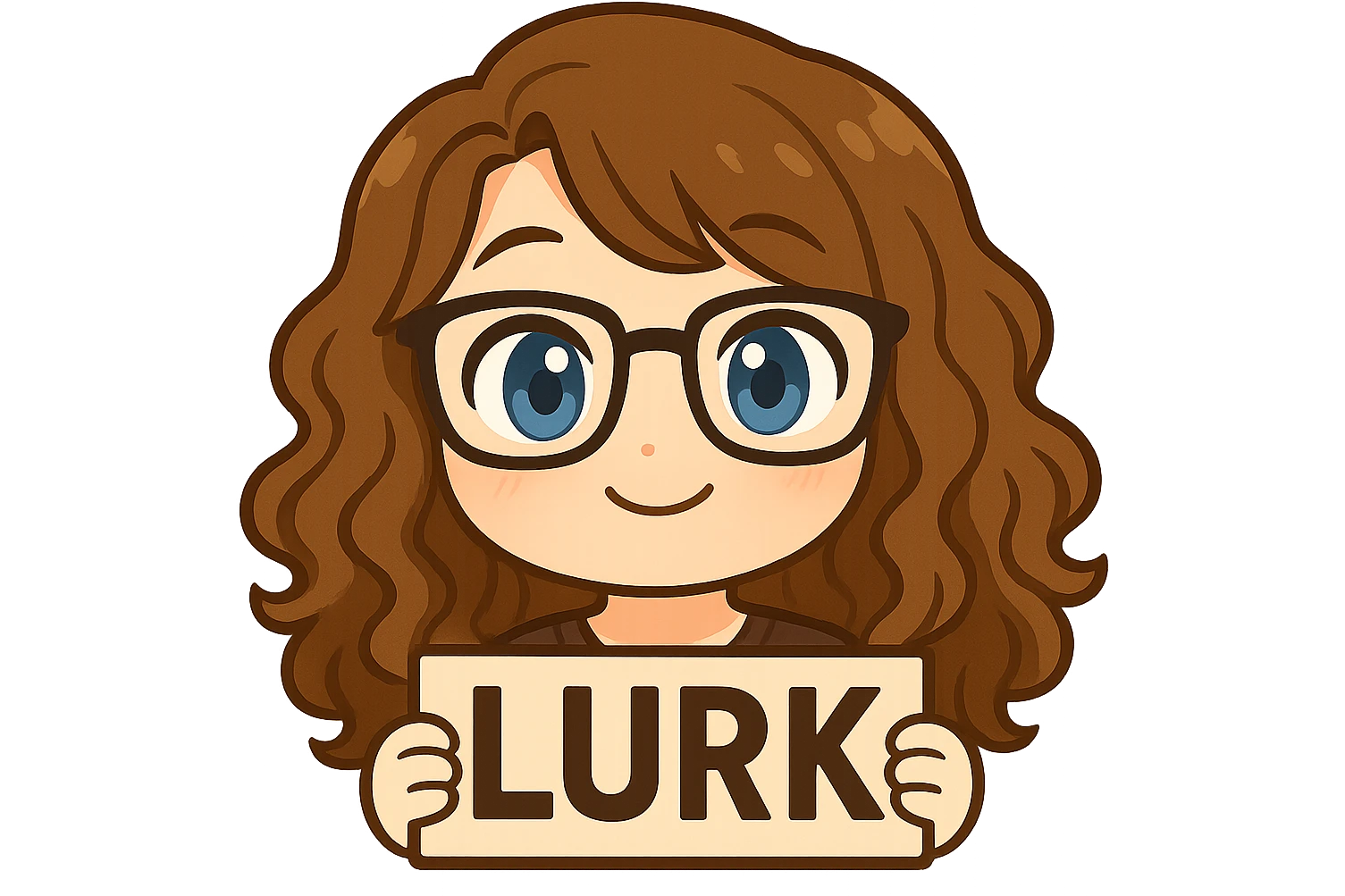 Create a chibi sticker emoji of a person with glasses and curly hair holding a 'LURK' sign. The style should be cute and expressive with a transparent background. emoji